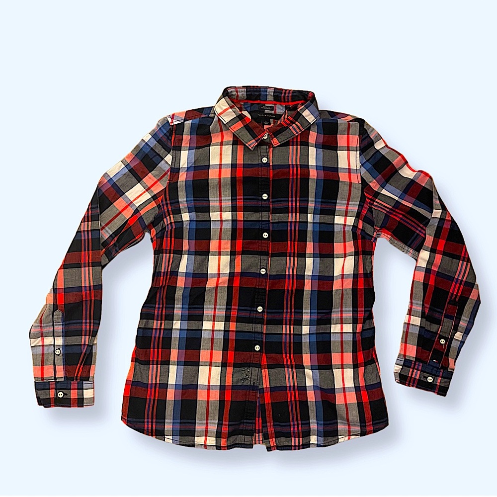Tommy Hilfiger Plaid & Checkered Blue Red Button Down Flannel Outwear - Size M